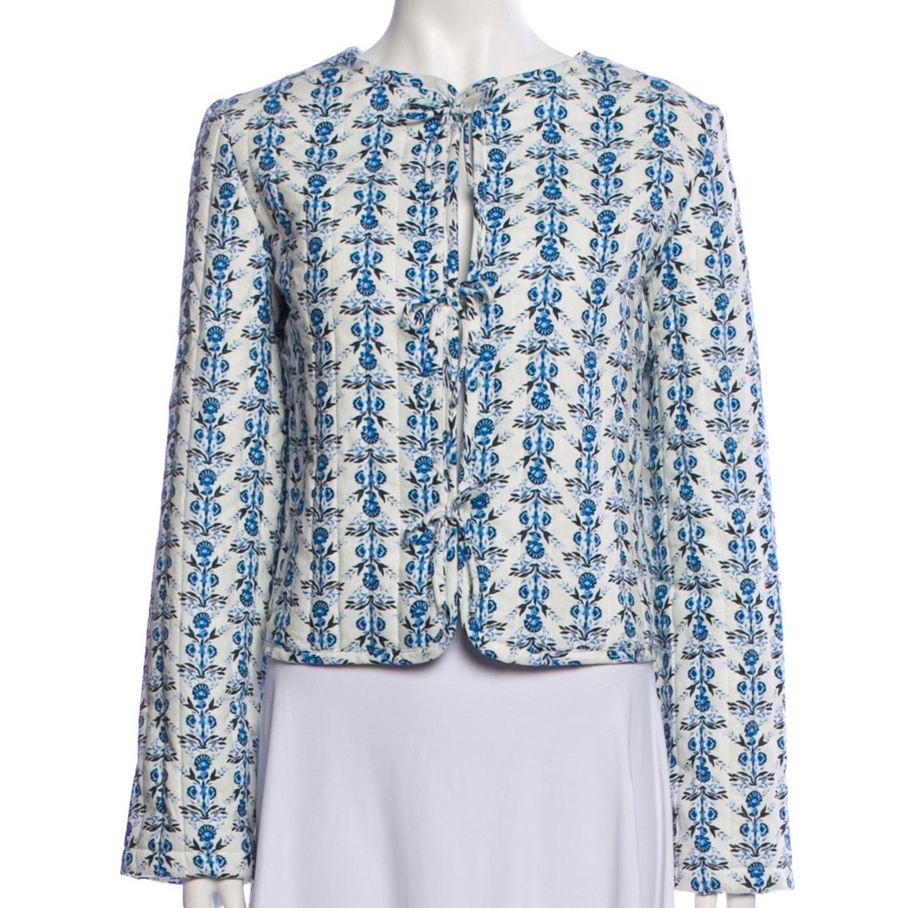 Floral Print Tie Front Jacket‎ Cropped Lightweight Blue White
